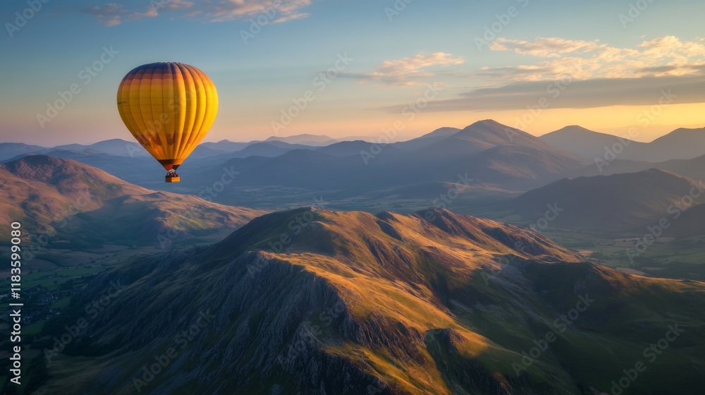 Obraz premium A vibrant hot air balloon soaring above majestic mountains bathed in golden sunlight. Experience the thrill of adventure and breathtaking views in the sky. Generative AI