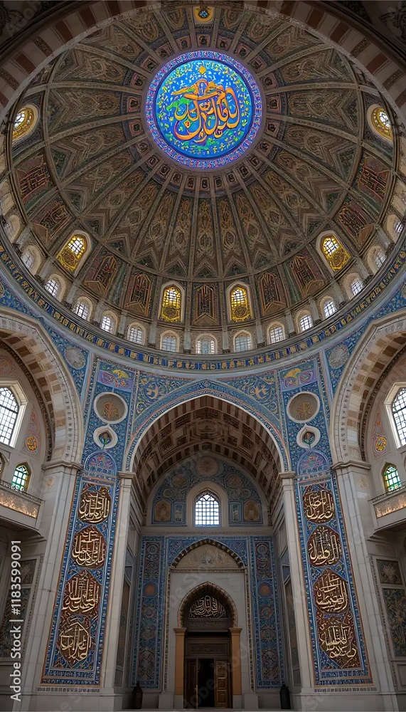 Obraz premium Majestic Mosque Dome: Intricate Blue and Gold Arabesque Interior