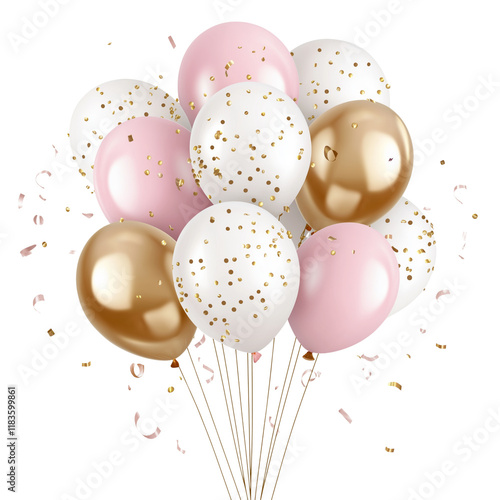 Pink, white, and gold balloons with confetti on a transparent background png