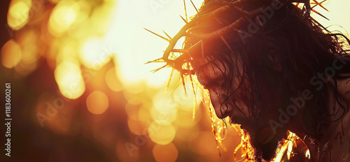 Close-up portrait of christ wearing crown of thorns carrying wooden cross eyes closed depicting pain and suffering