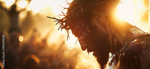 Close-up portrait of christ wearing crown of thorns carrying wooden cross eyes closed depicting pain and suffering easter season