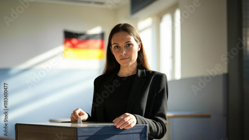 A German woman casting her vote at a polling station during national elections in Germany