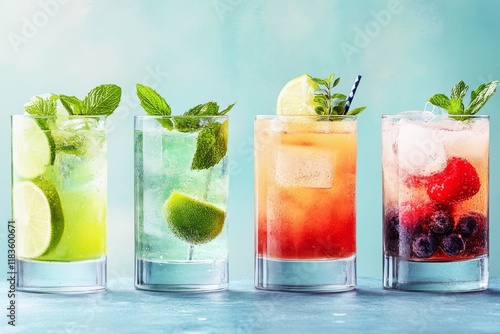 Variety of colorful fruit mocktails with ice