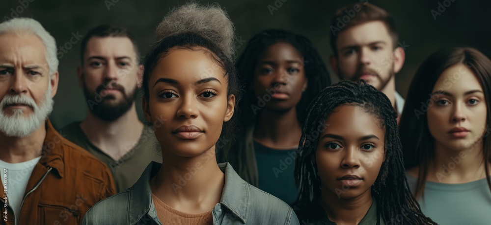 Fototapeta premium Diverse group of individuals showcasing unity and strength, featuring men and women of various ethnicities and ages, standing together with serious expressions, copy space for text