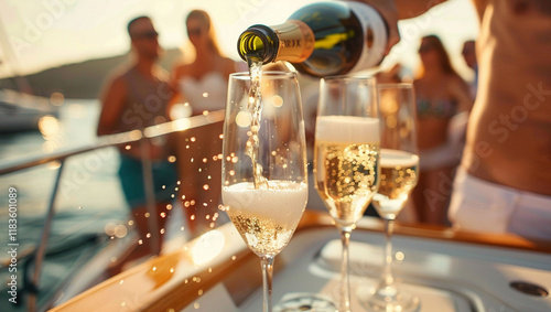 Group of friends having fun together and drinking champagne while sailing in the sea on luxury yacht celebrating the New Year