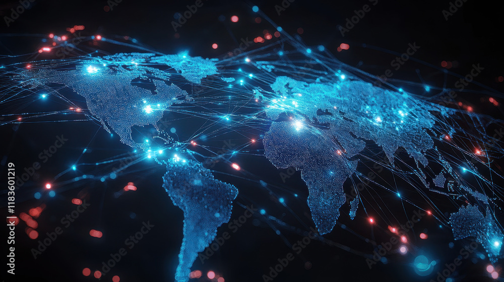 Abstract digital map of the world with glowing connections and blue lights representing a global network Abstract digital map of the world with glowing connections and blue lights representing a global network