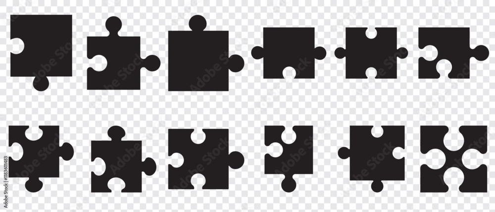 Naklejka premium Puzzle piece element collection. Set of game puzzle. jigsaw puzzle pieces silhouette. Perfect jigsaw puzzle vector for concept illustrations, problem solving.