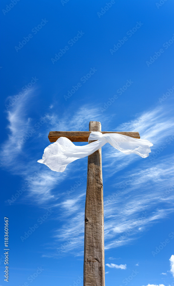 Cross with white cloth against clear blue sky. Christian background Cross with white cloth against clear blue sky. Christian background