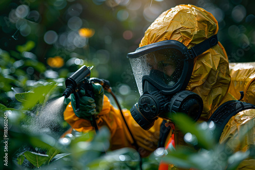 Close-up of a person wearing protective gear, including a hazmat suit, gas mask, and goggles generative AI photo