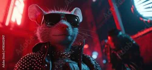 Cool anthropomorphic mouse wearing sunglasses and leather jacket with spikes, vibrant neon lights, futuristic urban setting, confident expression, copy space for text photo