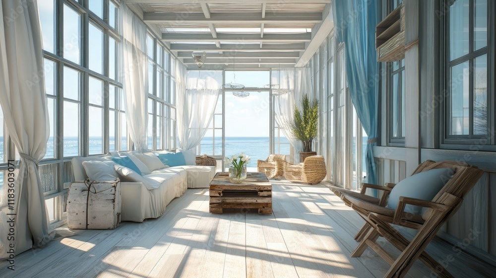Fototapeta premium Coastal Living Room: Serene Beach House Interior Design