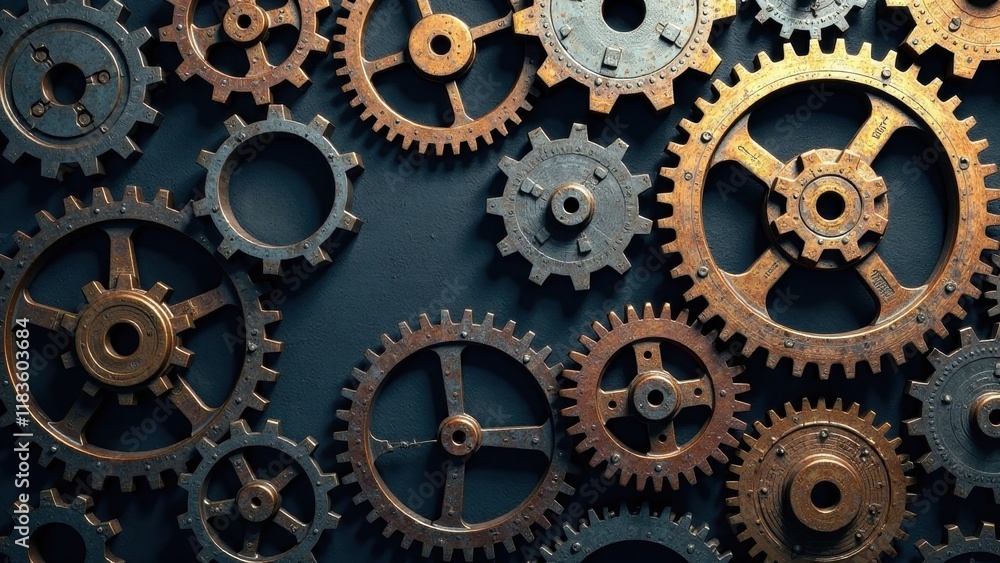 Intricate Arrangement of Rusty Metal Cogwheels Intermeshed in a Complex System of Mechanical Engineering Intricate Arrangement of Rusty Metal Cogwheels Intermeshed in a Complex System of Mechanical Engineering