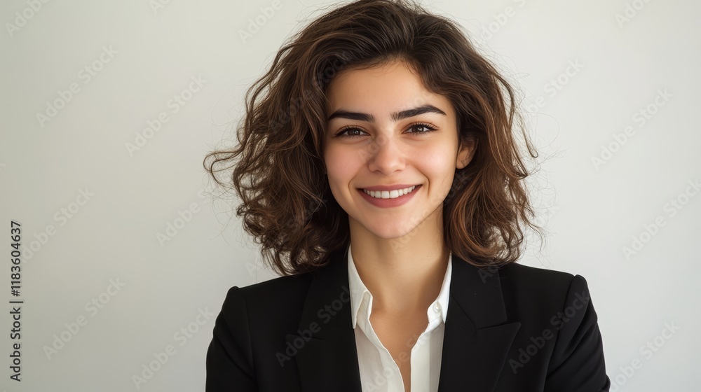 Confident young middle eastern businesswoman smiling in professional attire and setting Confident young middle eastern businesswoman smiling in professional attire and setting