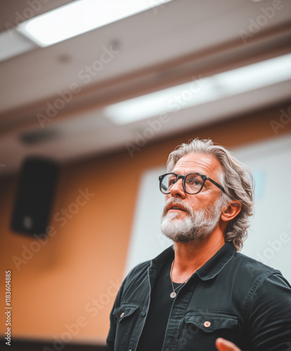 Senior man giving a lecture indoors photo