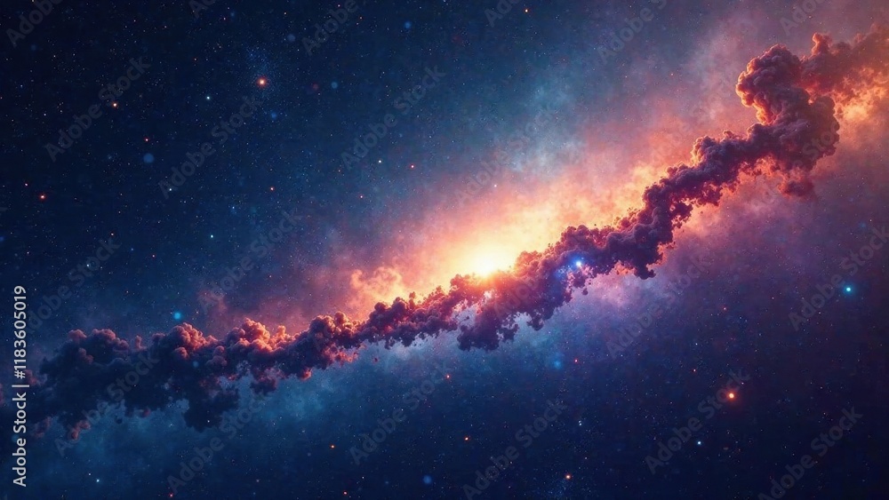 Naklejka premium Cosmic Cloudscape A Celestial River of Crimson and Gold, Illuminated by Distant Suns and Enveloped in a Sea of Stars