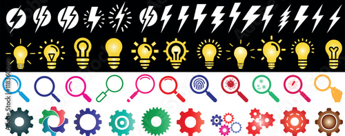 colorful Lightning bolt, lightbulb, magnifying glasses, and gear Vector icon collection for energy, creativity, search, and technology concepts. Vibrant designs ideal for presentations, websites