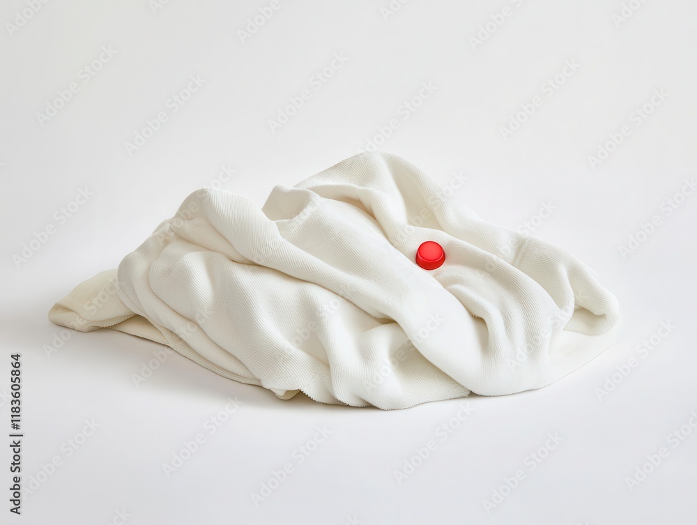 Soft White Fabric With Bright Red Round Object On Neutral Background Soft White Fabric With Bright Red Round Object On Neutral Background