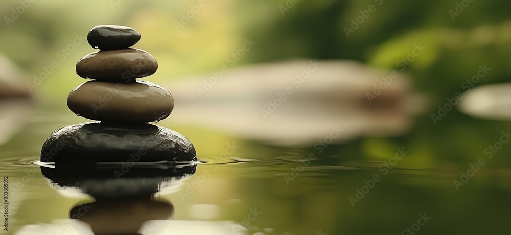 Balanced stones stacked in serene water reflecting nature's tranquility and harmony, copy space for text