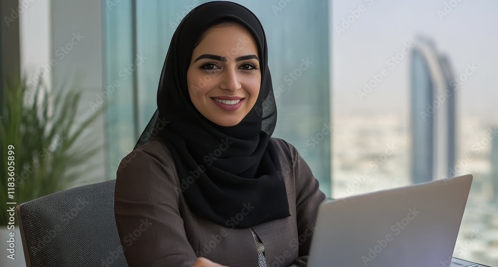 Focused young middle eastern businesswoman working with a laptop and smiling at her desk Focused young middle eastern businesswoman working with a laptop and smiling at her desk