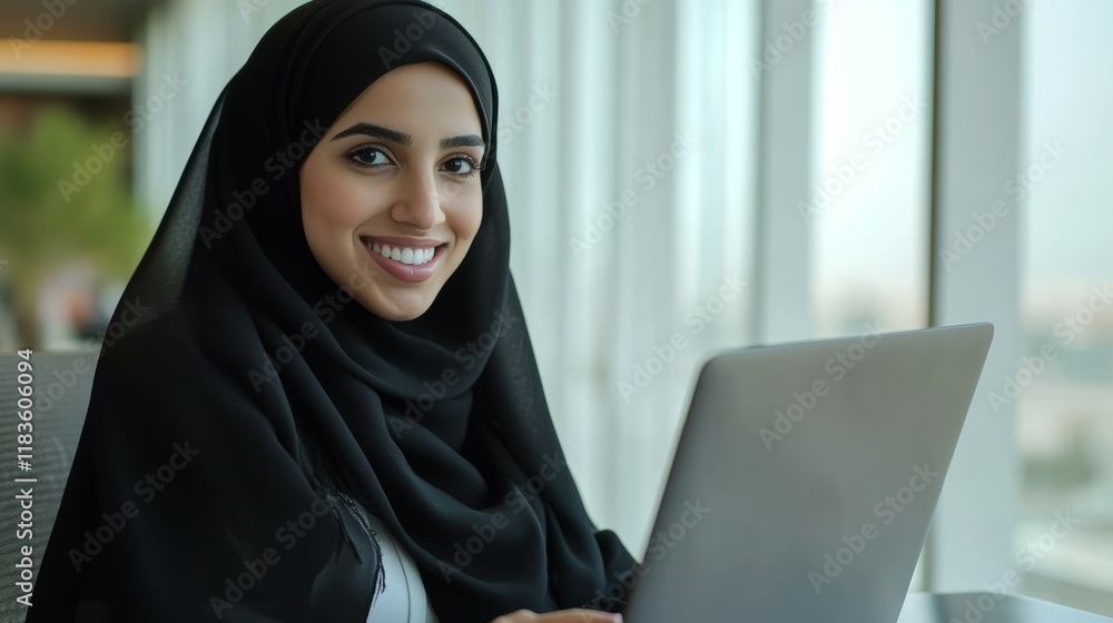 Focused young middle eastern businesswoman smiling while working on her laptop computer Focused young middle eastern businesswoman smiling while working on her laptop computer