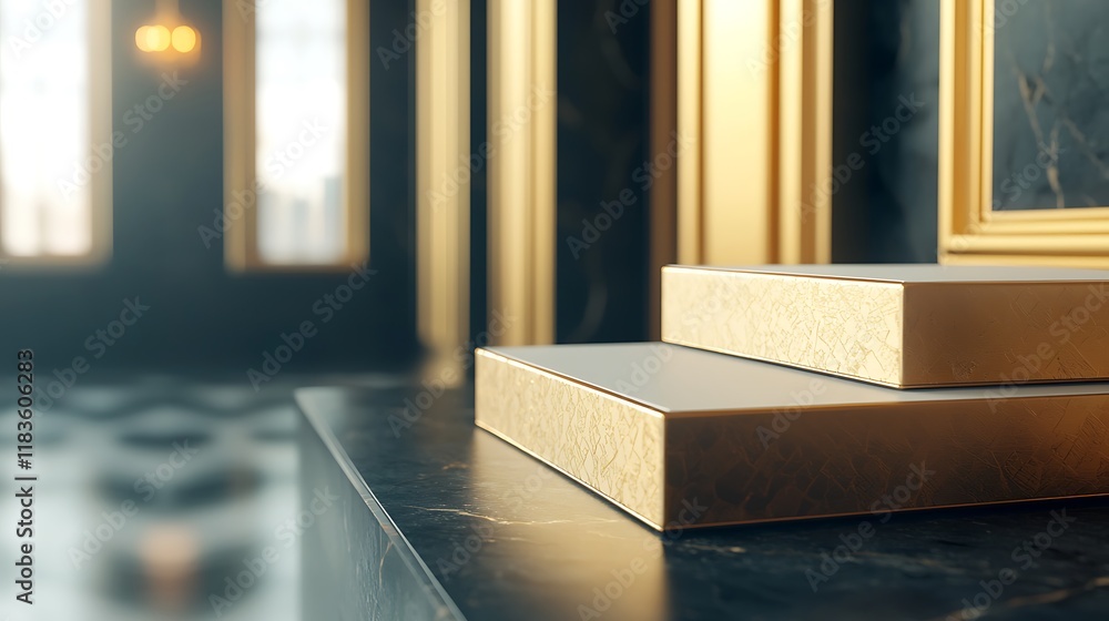 A stylish, minimalist interior features elegantly stacked gold boxes on a dark surface, illuminated by natural light. A stylish, minimalist interior features elegantly stacked gold boxes on a dark surface, illuminated by natural light.