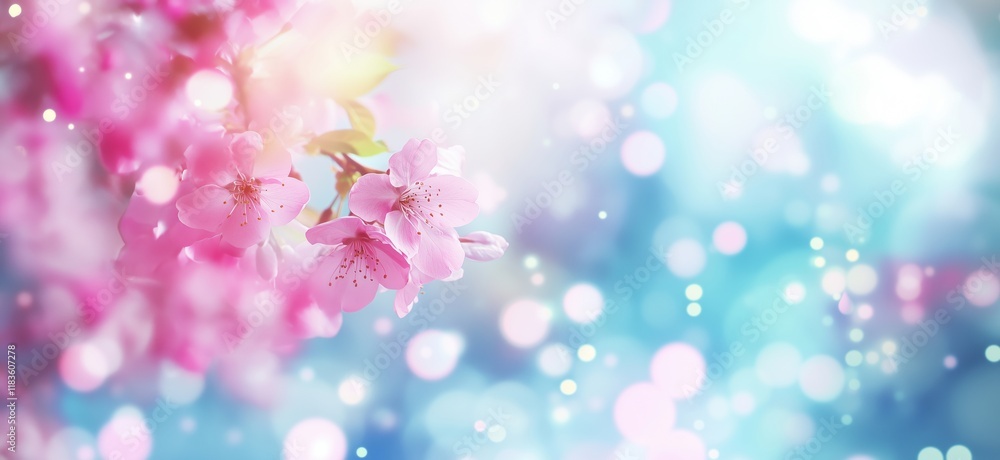 Cherry blossoms in soft focus with dreamy bokeh background, vibrant pink flowers against blue and pastel hues, springtime beauty, copy space for text Cherry blossoms in soft focus with dreamy bokeh background, vibrant pink flowers against blue and pastel hues, springtime beauty, copy space for text