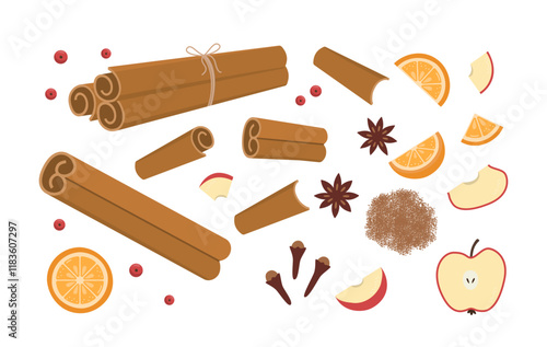 Spies for Bakery, Pie, Hot Drinks, Mulled Wine. Cinnamon Sticks, Star Anise, Apple and Orange Slices, Berries, Clove Spice. 