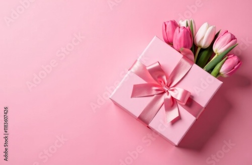 A beautiful gift box with a pink bow and tulips on a pink background. Valentine's Day, Happy Women's Day, Mother's Day, Birthday, Wedding, Christmas. place for the text