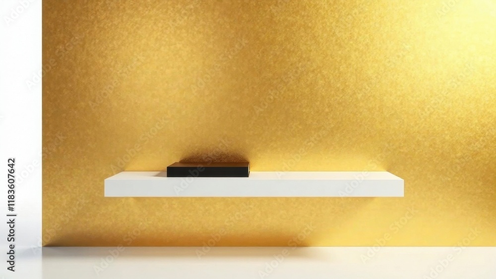 A Simple Black Box Rests on a Pristine White Shelf Against a Gleaming Gold Wall, Creating a Minimalist and Elegant Display A Simple Black Box Rests on a Pristine White Shelf Against a Gleaming Gold Wall, Creating a Minimalist and Elegant Display
