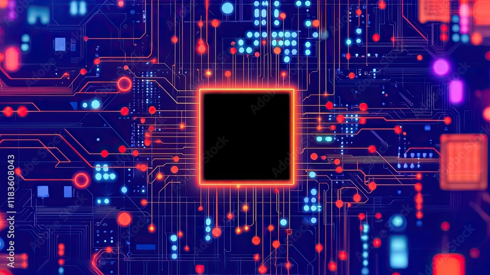 A vibrant, abstract representation of a microchip surrounded by colorful circuitry and glowing data points on a dark background. A vibrant, abstract representation of a microchip surrounded by colorful circuitry and glowing data points on a dark background.