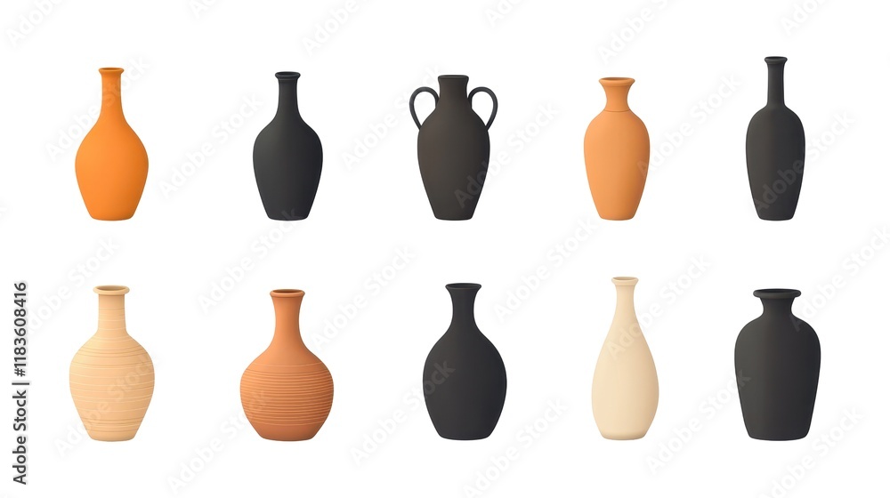 Collection of ceramic vases in various shapes and colors, Isolated on White Background Cutout Collection of ceramic vases in various shapes and colors, Isolated on White Background Cutout