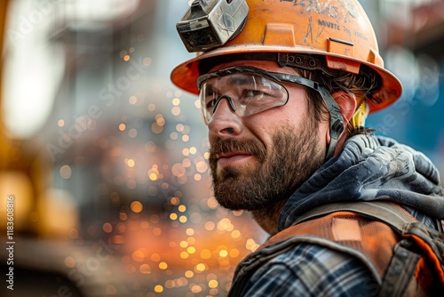 A focused worker in safety gear, capturing the essence of hard work amidst flying sparks in an industrial setting. photo