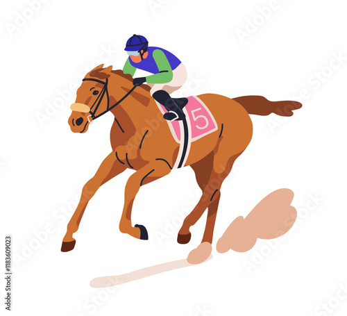 Horse racing. Jockey riding racehorse, running on racecourse. Equestrian sport, equine betting game. Galloping stallion, rider in action. Flat vector illustration isolated on white background