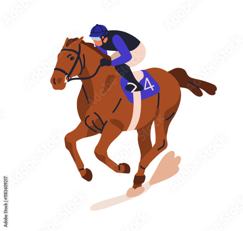 Racehorse with jockey racing, galloping on track. Horseback rider, equestrian riding rushing horse. Equine sport, betting horseracing. Flat graphic vector illustration isolated on white background