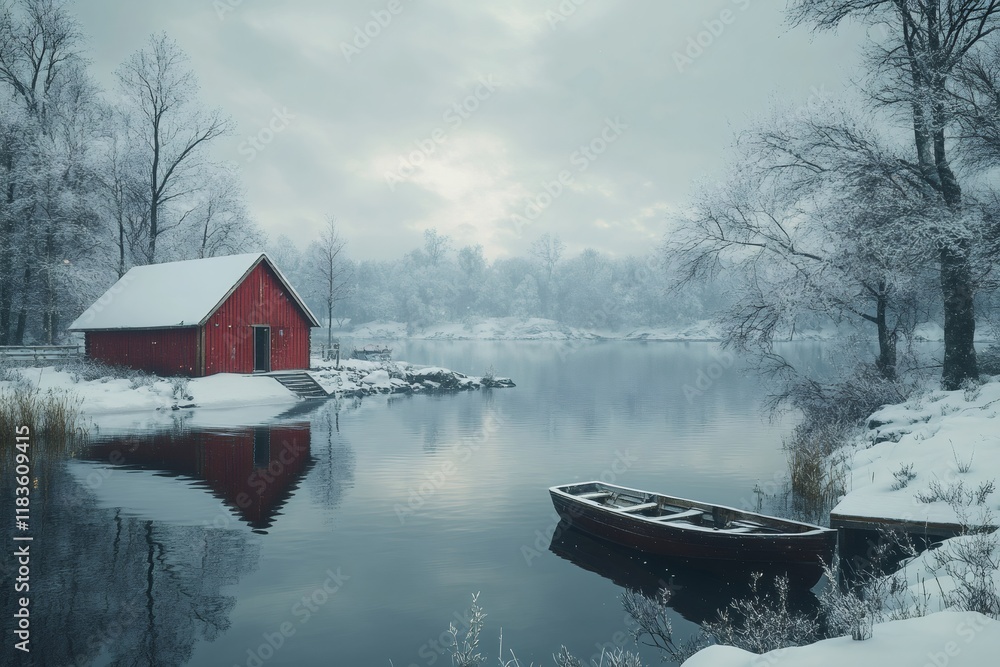 Fototapeta premium Red wooden cabin reflecting on a frozen lake during winter