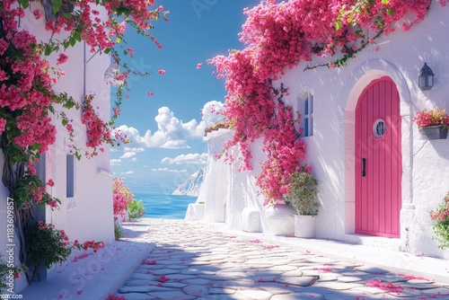 Fototapeta Naklejka Na Ścianę i Meble -  Bougainvillea blooming on whitewashed walls of picturesque mediterranean town