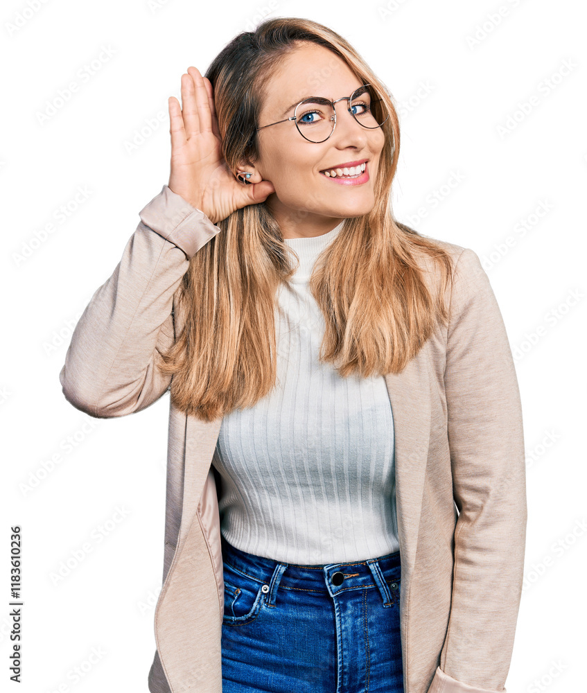 Young blonde woman wearing business shirt and glasses smiling with hand over ear listening an hearing to rumor or gossip. deafness concept. Young blonde woman wearing business shirt and glasses smiling with hand over ear listening an hearing to rumor or gossip. deafness concept.