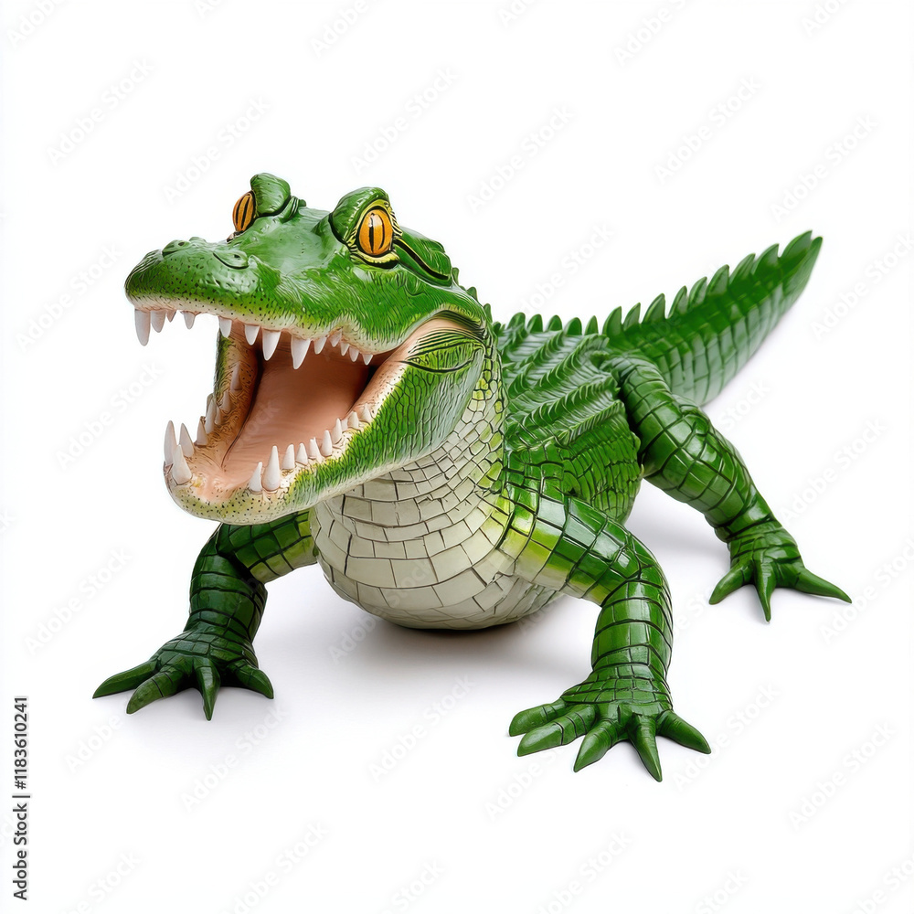 Obraz premium A vibrant green alligator figurine, jaws agape, poised on a stark white background.