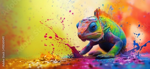 Vibrant Rainbow Iguana Crawling Through Colorful Splashes of Paint, Captivating Artistry and Nature Combined, copy space for text