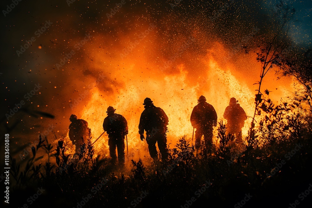 Fototapeta premium Firefighters Silhouetted Against A Fiery Wildfire Inferno