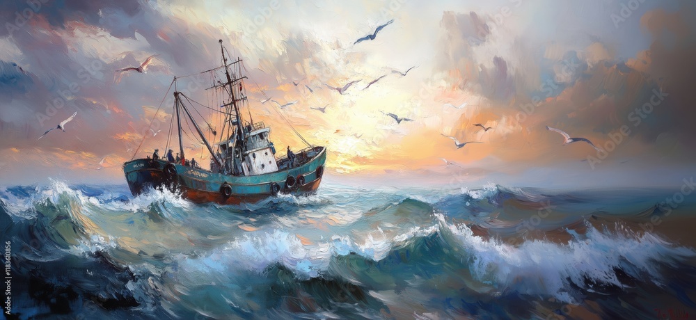Obraz premium Stranded fishing boat amidst turbulent waves and seagulls at sunset, dramatic ocean scene with vibrant colors and dynamic brush strokes, copy space for text
