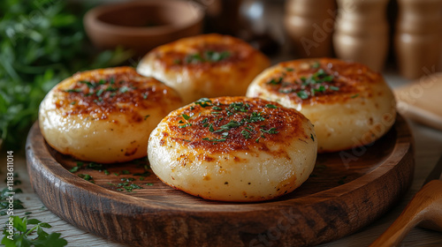 Kolduny with filling on wooden plate garnished with herbs photo