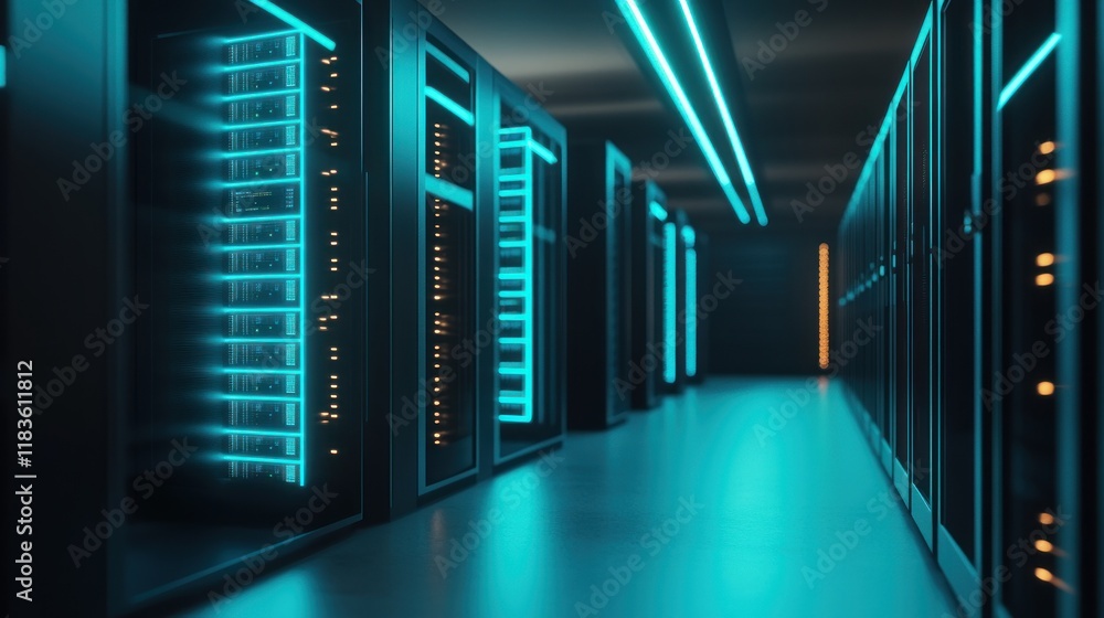Fototapeta premium A futuristic server room with rows of servers lit by neon blue lights.