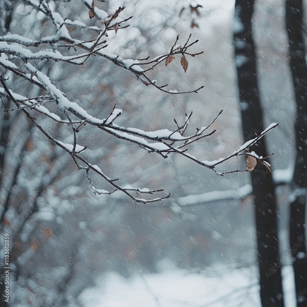 Close up image of a snowy evergreen tree in winter