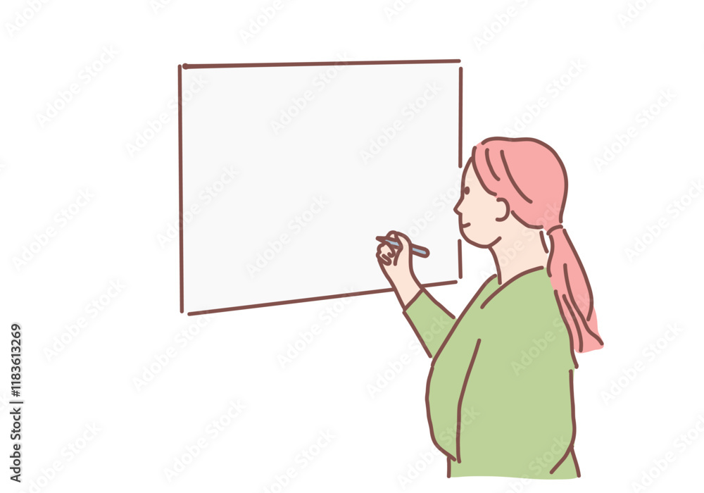 Young woman writing on whiteboard, white space. Hand drawn style vector design illustrations.
Young woman writing on whiteboard, white space. Hand drawn style vector design illustrations.