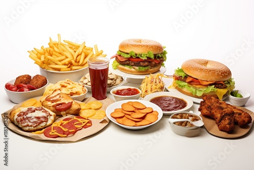 n assortment of delicious fast food items, including lasagna, sandwich, ramen noodles, pizza slice, fries, potato chips, beef burger, and fried chicken, all set against a white background. A diverse j photo