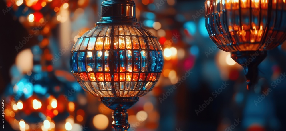 Obraz premium Colorful glass lanterns illuminated with warm light creating a vibrant atmosphere in a decorative setting, copy space for text