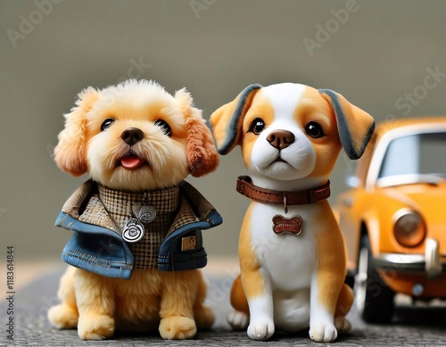 Adorable clay puppies studio shot, car background. photo