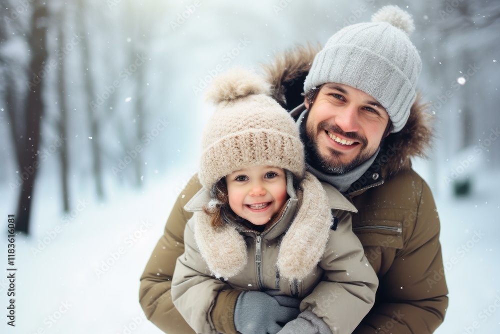 Father and daughter are enjoying a snowy day in winter, wearing warm clothing and smiling Father and daughter are enjoying a snowy day in winter, wearing warm clothing and smiling