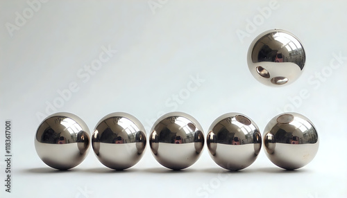 Pendulum Balls: Five metallic pendulum balls arranged in a Newton's cradle, with one ball lifted to demonstrate energy transfer. Flat-layer style, glossy details on a white background. photo